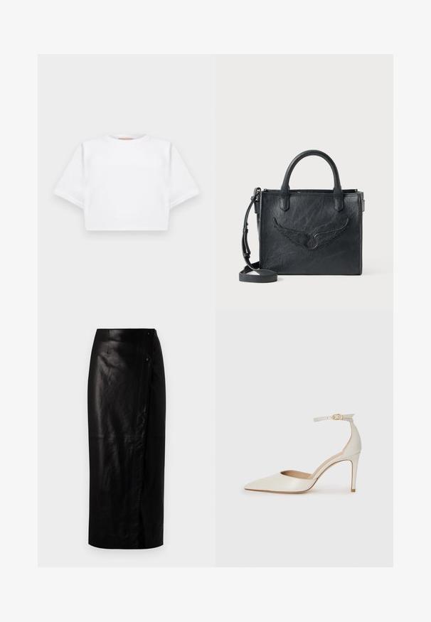 Zkrácené bílé tričko vyrobené z měkké látky, má krátké rukávy, kulatý výstřih a žebrované detaily na lemech. Jednoduchý a nezdobený design.; Černá kožená midi sukně s překládaným designem, vybavená bočním zapínáním na knoflík, hladkou texturou a rovnou siluetou.; Bílé kožené lodičky na vysokém podpatku s špičatou špičkou, kotníkovým páskem a štíhlým jehlovým podpatkem. Hladká textura s mírným lesklým povrchem.; Černá kožená kabelka s akcentem ve tvaru křídel. Obsahuje dva kulaté úchyty a odnímatelný popruh na rameno. Texturovaný povrch. Kompaktní tvar.