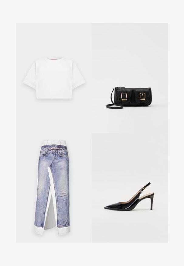 Trumpas baltas marškinėliai iš minkštos medžiagos, su trumpomis rankovėmis, apvaliu iškirpimu ir raukšlėtais hemų detalėmis. Paprastas ir be puošmenų dizainas.; Džinsinė sijonas su džinsų nuotraukų spausdinimu ant balto audinio. Yra standartinė juosmens linija, šoninė skela ir detali siuvimo linija ant kišenių.; Juodas lakinės odos slingback batelis su smailiu nosiu, plonu kulnu ir subtiliu išpjovos dizainu. Yra auksinė sagtis ant dirželio.; Juodas odinis per petį nešiojamas krepšys su dviem priekiniais kišenėmis, auksiniais sagtimis, užtrauktuko uždarymu ir siauromis petnešomis. Textūruota paviršius ir kompaktiškas stačiakampis formatas.
