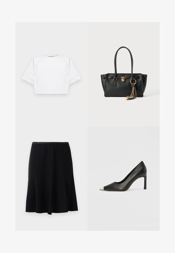 Trumpas baltas marškinėliai iš minkštos medžiagos, su trumpomis rankovėmis, apvaliu iškirpimu ir raukšlėtais hemų detalėmis. Paprastas ir be puošmenų dizainas.; Juoda A formos sijonas su lygia tekstūra, turintis juosmenį ir klostes, leidžiančias laisvą judėjimą. Nėra matomų akcentų ar raštų.; Juodas odinis aukštakulnis batelis su smailia nosimi ir metaliniu sidabriniu galiuku. Turi lygų paviršių ir ploną 10 cm kulną.; Juoda odinė rankinė su dviem rankenomis, auksiniu užraktu ir grandinėlės detale, bei juodai baltu kutu prieš baltą foną.