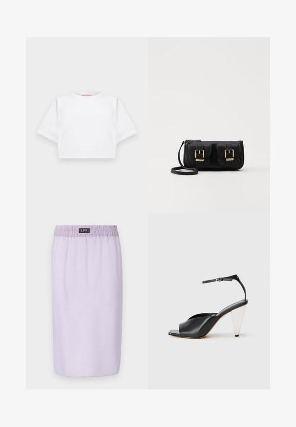 Skraćena bijela majica od mekog materijala, s kratkim rukavima, okruglim izrezom i rebrastim detaljima na rubu. Jednostavan i neukrašen dizajn.; Ljubičasta suknja s elastičnom trakicom u struku, do koljena, glatke teksture, bez vidljivih uzoraka ili akcenata. Brend logo na trakici u struku.; Crne kožne sandale s visokim potpeticama, otvorenim prstima, asimetričnim dizajnom, remenom oko članka i metalnom konusnom potpeticom. Glatka tekstura kroz cijelu cipele.; Crna kožna torba preko ramena s dva prednja džepa, zlatnim kopčama, zatvaranjem na zip i uskim remenom. Teksturirana površina i kompaktan pravokutan oblik.