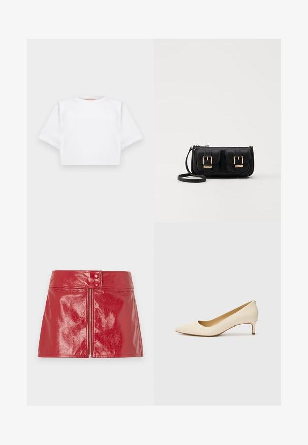 Lühikeste varrukatega, pehmest kangast lõigatud valge T-särk, millel on ümar kaelus ja soonikuga ääred. Lihtne ja ilma kaunistusteta disain.; Punane, läikiv mini-seelik, millel on eesne tõmblukk ja kaks nööpi talje juures. Sile tekstuur ja sobiv siluett.; Beige teravikuga kingad, mis on valmistatud siledast sünteetilisest materjalist, madala kontsaga ja libistatava disainiga, millel on tagasihoidlik seljaosa detail.; Must küllastamata nahast õlakott, millel on kaks esist nähtavat taskut, kuldsed pandlad, tõmblukuga sulgemine ja peen rihm. Tekstuuriga pind ja kompaktne ristkülikukujuline kuju.