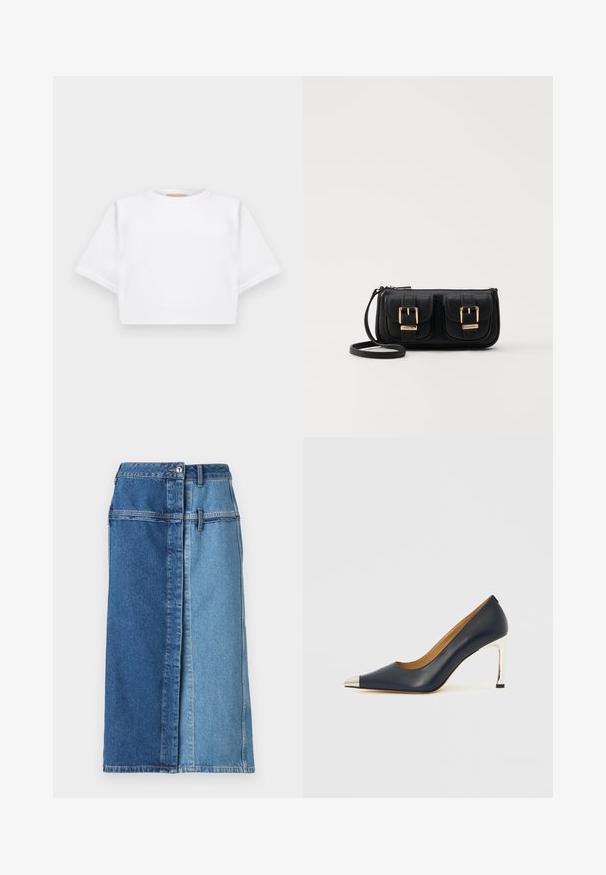 Kuttet hvit t-skjorte laget av mykt stoff, med korte ermer, rund hals og ribbestrikket detaljer nederst. Enkel og upradert design.; Denimsko skjørt med fargeblokkdesign som har mørk blå på den ene siden og lys blå på den andre, med knappestengning og lommer.; Marineblå høyhælte skinnsko med spiss tå, som har en sølvfarget metallhatt og en blank sølvfarget stiletthæl.; Svart skinn crossbody veske med to frontlommer, gyldne spenner, glidelåslukking og en slank stropp. Teksturert overflate og kompakt rektangulær form.