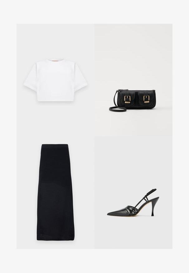 Cropped white t-shirt made of soft fabric, featuring short sleeves, a round neckline, and ribbed hem details. Simple and unembellished design.; Black midi skirt made of textured mesh material with a fitted waistband and straight cut, featuring a solid color without patterns.; Black leather high-heeled slingback shoe with pointed toe, crisscross strap design, and slim stiletto heel. Smooth texture and minimal accents.; Black leather crossbody bag with two front pockets, gold buckles, zipper closure, and a slim strap. Textured surface and compact rectangular shape.