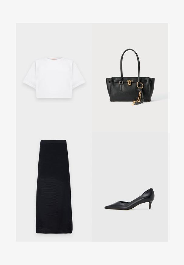 Trumpas baltas marškinėliai iš minkštos medžiagos, su trumpomis rankovėmis, apvaliu iškirpimu ir raukšlėtais hemų detalėmis. Paprastas ir be puošmenų dizainas.; Juoda midi sijonas, pagamintas iš tekstūruoto tinklinio audinio su prigludusia juosmens dalimi ir tiesiu kirpimu, be raštų, vienos spalvos.; Juodi odiniai aukštakulniai su smailiu priekeliu ir žemu kulnu. Turi lygią tekstūrą ir subtilų blizgesį. Priekyje yra atvira anga, suteikianti papildomo detalių.; Juoda odinė rankinė su dviem rankenomis, auksiniu užraktu ir grandinėlės detale, bei juodai baltu kutu prieš baltą foną.
