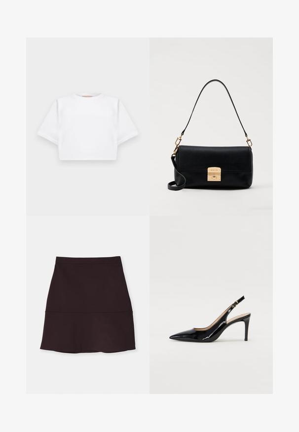 T-shirt blanc court en tissu doux, avec des manches courtes, un col rond et des détails en côtes sur l'ourlet. Design simple et sans embellissement.; Jupe violette foncée, longueur genou, avec une texture lisse, dotée d'une taille ajustée et d'un ourlet évasé. Détail de couture au niveau de la taille.; Pompe slingback en cuir verni noir avec un bout pointu, un talon fin et un design de découpes subtil. Elle dispose d'une boucle dorée sur la sangle.; Sac à main en cuir noir avec une forme rectangulaire plate, quincaillerie dorée et une poignée supérieure. Présente une fermeture à clasp et un détail de logo signature.