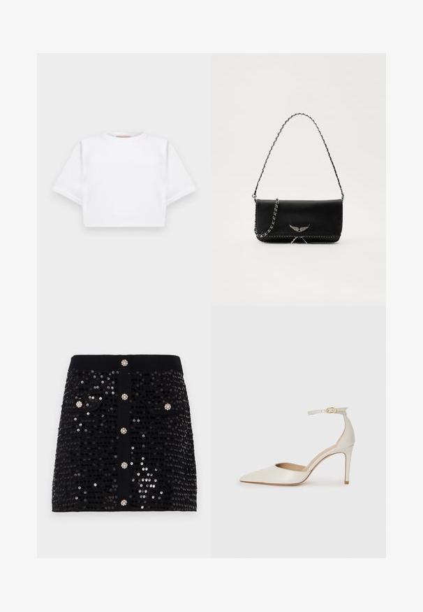 Skraćena bijela majica od mekog materijala, s kratkim rukavima, okruglim izrezom i rebrastim detaljima na rubu. Jednostavan i neukrašen dizajn.; Crna suknja s cirkonima koja ima prilagođeni kroj, dvije prednje džepove i ukrasne gumbe s dodatkom nalik na dragulje. Glatka tekstura kroz cijelu suknju.; Bijela kožna visoko potpetica s oštrim vrhom, remenom oko članaka i tankom stiletto potpeticom. Glatka tekstura s blagim sjajnim završetkom.; Crna kožna torba s srebrnim lanac strapom, s dekorativnim krilnim naglascima i bijelim šavovima duž donjeg šava.