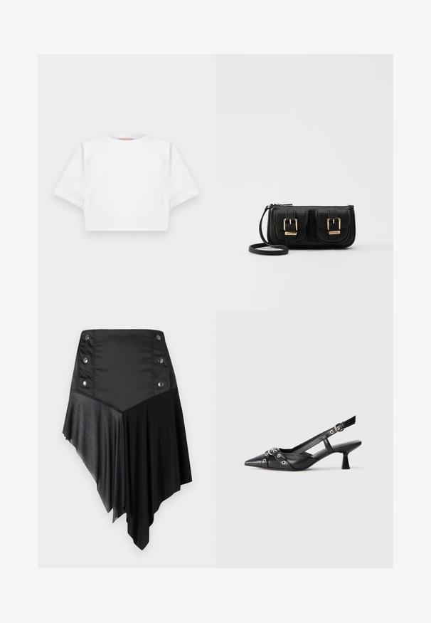 Gemiddelde witte T-shirt gemaakt van zachte stof, met korte mouwen, een ronde halslijn en geribbelde zoomdetails. Eenvoudig en ongecompliceerd ontwerp.; Zwarte asymmetrische rok met een mix van matte en textuurstoffen, voorzien van zilveren knoopdetails op de taille en een gelaagde zoomontwerp.; Zwarte leren slingback schoen met een puntige neus, decoratieve banden met metalen oogjes en een lage blokhak. Textuur oppervlak.; Zwarte leren schoudertas met twee vo pockets, gouden gespen, ritsluiting en een smalle band. Tekstuur oppervlak en compacte rechthoekige vorm.
