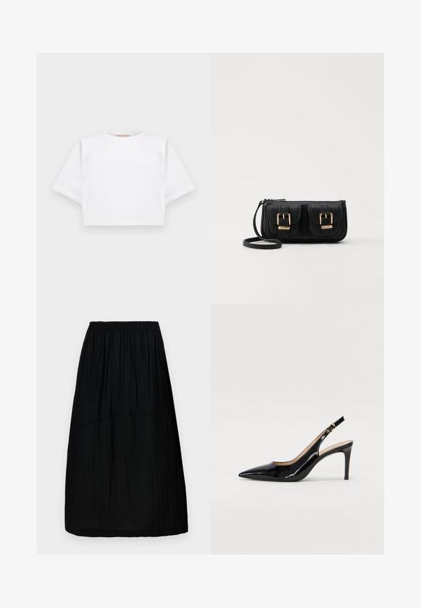 Izgriezta balta T-krekla no mīksta auduma, ar īsām piedurknēm, apaļu apkakli un ribota apakšmala. Vienkāršs un neizpušķots dizains.; Melna, līdz ceļiem garš svārks ar elastīgu jostasvietu, izgatavots no viegla, teksturēta auduma ar smalkām vertikālām šķirbām. Vienkārša dizaina.; Melnas lakotās ādas slingback kurpes ar izteiktu degunu, šauru papēdi un smalku izgriezumu dizainu. Siksniņai ir zelta sprādze.; Melnas ādas crossbody soma ar divām priekšējām kabatām, zelta sprādzēm, ar rāvējslēdzēju aizdari un šauru siksnu. Strukturēta virsma un kompakta taisnstūra forma.