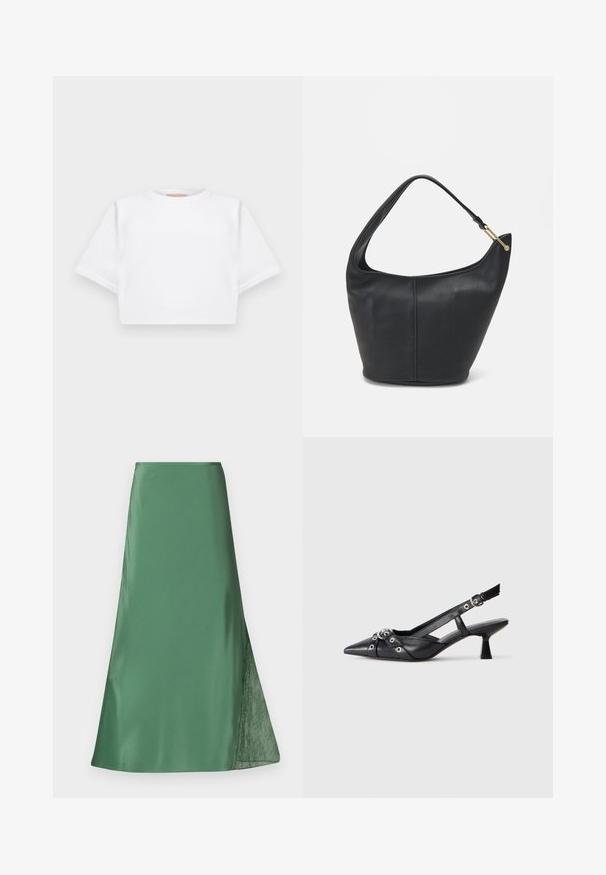 Cropped white t-shirt made of soft fabric, featuring short sleeves, a round neckline, and ribbed hem details. Simple and unembellished design.; Green satin skirt with a flowing A-line silhouette, featuring a sheer lace detail on one side for added texture and contrast.; Black leather slingback shoe with a pointed toe, decorative straps featuring metal eyelets, and a low block heel. Textured surface.; Black leather handbag with a rounded shape, a wide strap, and a textured finish. Features a subtle seam detail and a gold-tone hardware accent.