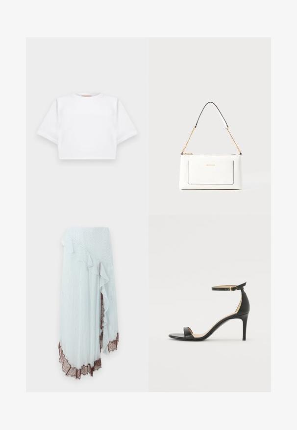 Kratka bela majica iz mehkega materiala, s kratkimi rokavi, okroglega izreza in rebrastimi robovi. Preprost in neokrašen dizajn.; Svetlo modra zavihana krila z navpičnimi belimi črtami, s frfotastim robom in zapletenim rjavim čipkastim obrobom na robu.; Črne usnjene sandale s peto, ki imajo priponko za gleženj. Imajo gladko teksturo, odprt prst in tanek peto. Podrobnost z zlatim sponko.; Bela usnjena torbica z teksturirano površino, ki vključuje zlat pas in črne detajle. Ima sprednji žep in zadrgo.