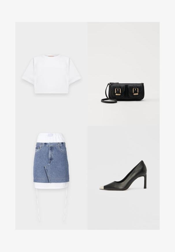 Skraćena bijela majica od mekog materijala, s kratkim rukavima, okruglim izrezom i rebrastim detaljima na rubu. Jednostavan i neukrašen dizajn.; Traper suknja s plavim tijelom, bijelim perforiranim pojasom i povlačnim vezicama. Ima prednje džepove i ravni kroj s sirovim rubom.; Crna kožna cipela s visokim potpeticama, špicastim vrhom i metalnim srebrnim vrhom. Ima glatku završnu obradu i tanku petu visine 10 cm.; Crna kožna torba preko ramena s dva prednja džepa, zlatnim kopčama, zatvaranjem na zip i uskim remenom. Teksturirana površina i kompaktan pravokutan oblik.