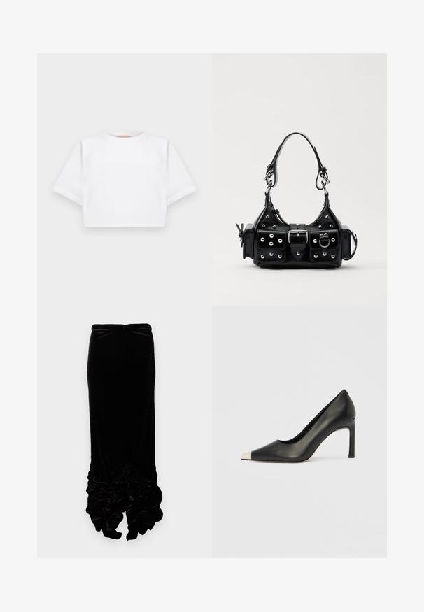 Trumpas baltas marškinėliai iš minkštos medžiagos, su trumpomis rankovėmis, apvaliu iškirpimu ir raukšlėtais hemų detalėmis. Paprastas ir be puošmenų dizainas.; Juodas aksominis sijonas su prigludusia forma. Savybės: raukiniai apatinėje dalyje, suteikiantys gylio ir tekstūros. Lygi medžiaga su nedideliu blizgesiu.; Juodas odinis aukštakulnis batelis su smailia nosimi ir metaliniu sidabriniu galiuku. Turi lygų paviršių ir ploną 10 cm kulną.; Juodas odinis rankinukas su kreiviu dizainu, su sidabro spalvos knopkėmis, užsegimu ir dviem šoninėmis kišenėmis. Reguliuojama dirželis nešimui.