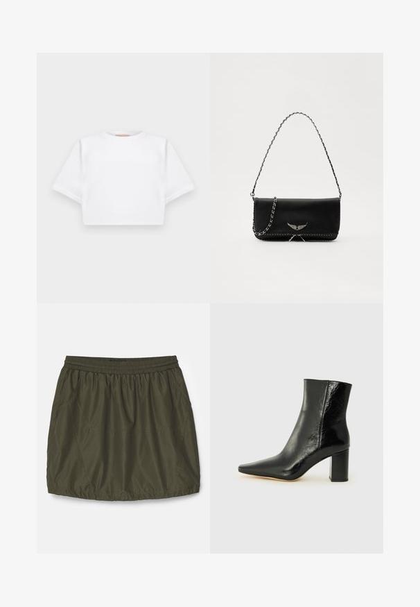 T-shirt blanc court en tissu doux, avec des manches courtes, un col rond et des détails en côtes sur l'ourlet. Design simple et sans embellissement.; Jupe légère vert olive avec taille élastique, texture plissée, poches latérales et détails cousus.; Bottines noires en cuir brillant avec un nez pointu et un talon large et carré. Présente une texture lisse et un design minimaliste.; Sac à main en cuir noir avec une bandoulière en chaîne argentée, présentant des accents décoratifs en forme d'ailes et des coutures blanches le long de la couture inférieure.