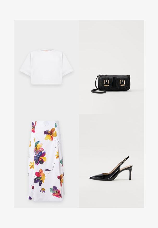 Cropped white t-shirt made of soft fabric, featuring short sleeves, a round neckline, and ribbed hem details. Simple and unembellished design.; White floral skirt featuring colorful watercolor flower patterns in purple, yellow, and red; pleated design with side fastening details.; Black patent leather slingback pump with pointed toe, slim heel, and a subtle cutout design. Features a gold buckle on the strap.; Black leather crossbody bag with two front pockets, gold buckles, zipper closure, and a slim strap. Textured surface and compact rectangular shape.