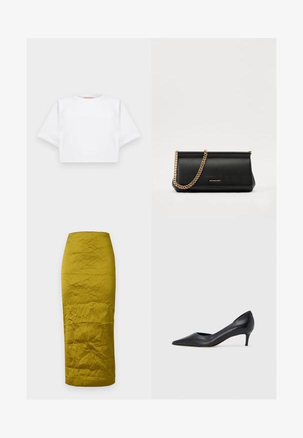 Tricou alb scurt dintr-un material moale, cu mâneci scurte, decolteu rotund și detalii ribbrate la margine. Design simplu și fără embellishments.; Fustă midi de culoare verde măsliniu, dintr-un material texturat, plisat. Croi drept și design de lungime medie. Detalii de cusătură vizibile pe siluetă.; Pantof din piele neagră, cu vârf ascuțit și toc mic. Are o textură netedă și un luciu subtil. Decupaj deschis în partea din față pentru un detaliu suplimentar.; Plică din piele neagră cu o curea din lanț auriu, având o textură netedă, formă rectangulară și o marcă embosată pe față.