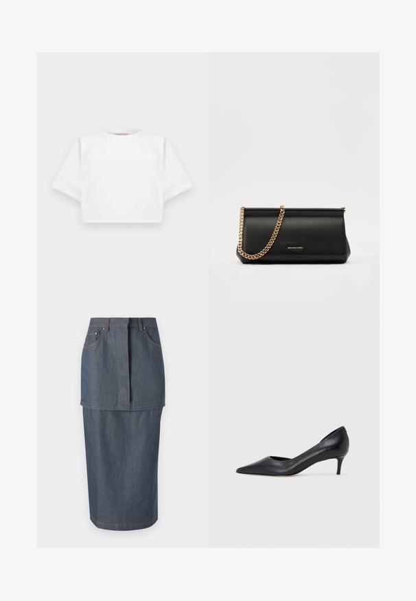 Rövid ujjú, puha anyagból készült, vágott fehér póló, kör alakú nyakkivágással és bordázott alsó résszel. Egyszerű és díszítetlen kialakítás.; Sötétkék árnyalatú farmer szoknya, elülső zsebekkel, testhezálló derékkal és térdig érő fazonnal, kontrasztos varrással kiemelve.; Fekete bőr magassarkú cipő hegyes orral és alacsony sarokkal. Sima felülettel és enyhe fényű kialakítással rendelkezik. Az elején nyitott részlet a fokozott díszítésért.; Fekete bőr kisméretű táska arany lánccal, sima felülettel, téglalap alakú, és dombornyomott márkázással az elején.