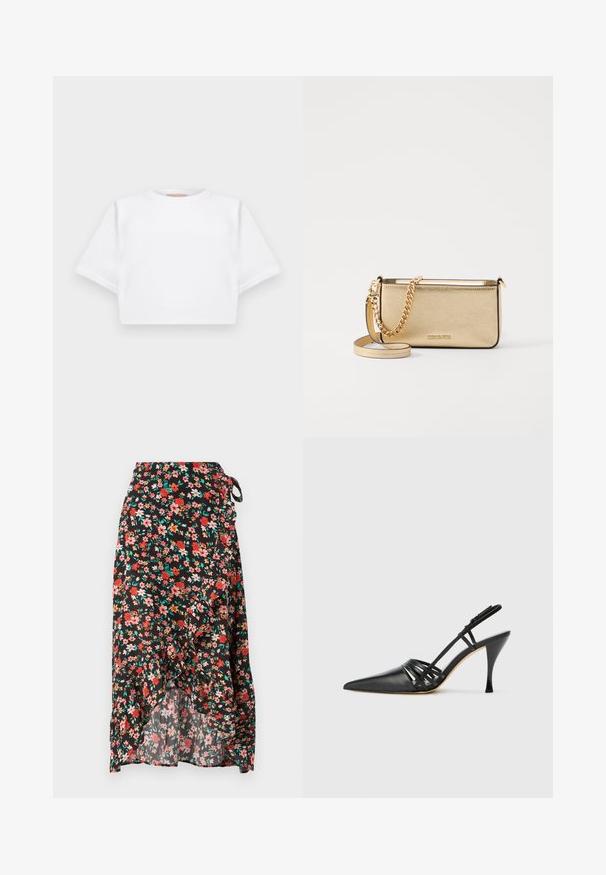 Kuttet hvit t-skjorte laget av mykt stoff, med korte ermer, rund hals og ribbestrikket detaljer nederst. Enkel og upradert design.; Blomstrete omslagskjørt med svart bakgrunn, røde og rosa blomster, volangkant, justerbar knytning i livet, og lett stoff.; Sorte lærhæl med åpen bak, spiss tå, krysset stropp design, og slank stiletthæl. Glatt tekstur og minimale detaljer.; Metallisk gullfarget skinnlommebok med teksturert finish, featuring en gullkjede-rem og en avtagbar skulderrem. Merkets logo er preget.