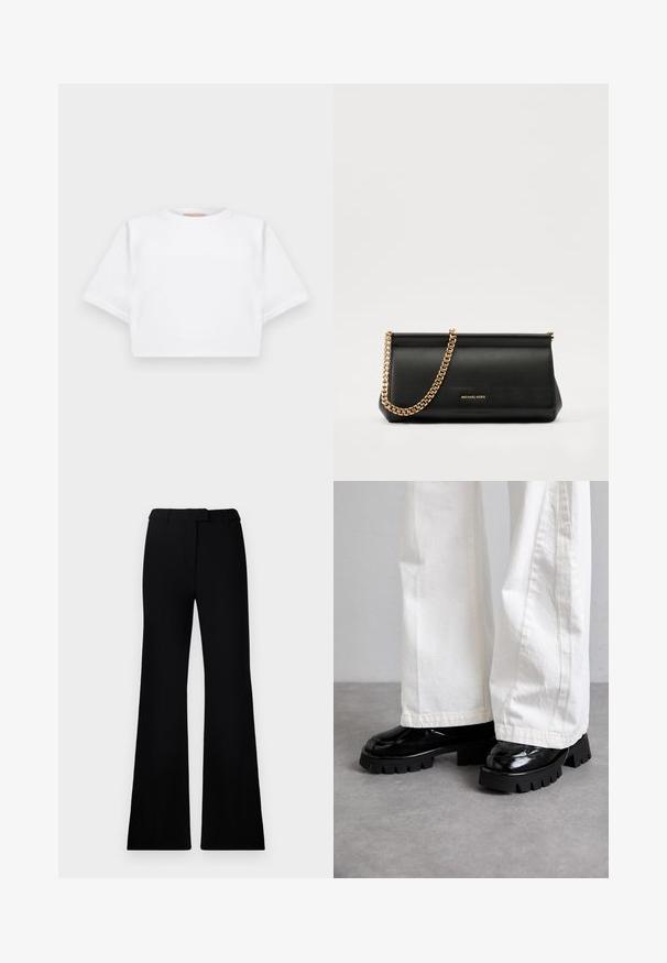 KFrakelse hvid t-shirt lavet af blødt stof, med korte ærmer, rund halsudskæring og ribbede nederste detaljer. Enkel og udekoreret design.; Sorte flagrende bukser med en glat tekstur, skræddersyet talje og forlommer, designet med en slank, moderne silhuet.; Sorte sko med kraftig sål og glansfuld finish, parret med hvide bukser med bred ben. Bemærkelsesværdig tykk sål og glat tekstur på skoene.; Sort læder clutch taske med en guldkæde strop, der har en glat tekstur, rektangulær form og præget branding på forsiden.