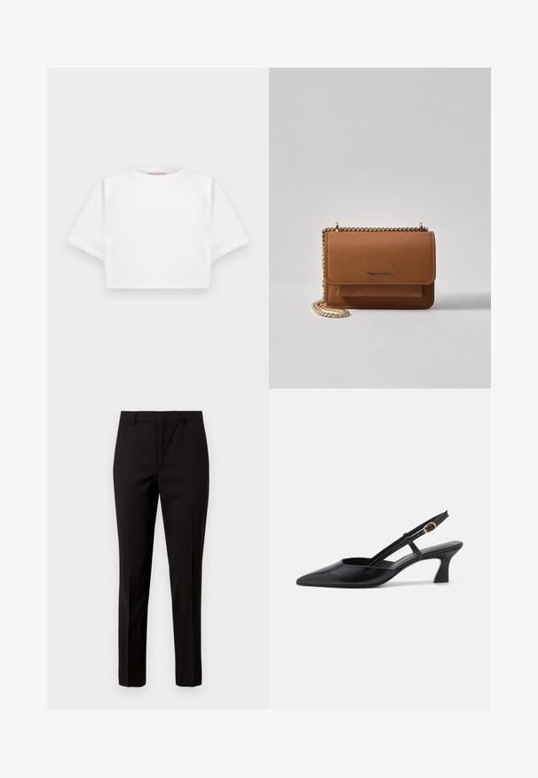 Kratka bela majica iz mehkega materiala, s kratkimi rokavi, okroglega izreza in rebrastimi robovi. Preprost in neokrašen dizajn.; Črne krojene hlače s ravnim krojem, narejene iz gladkega blaga, s sploščenim prednjim delom in zankami za pas. Ni vidnih vzorcev ali poudarkov.; Črne usnjene sandale s približno konico, nizko peto in nastavljivim trakom z zlatim obročem. Gladka tekstura in minimalističen dizajn.; Rjava teksturirana usnjena torba čez ramo z zlatim verižnim trakom in zapiranjem na pokrov. Spredaj je vidna podrobnost logotipa in žep pod pokrovom.