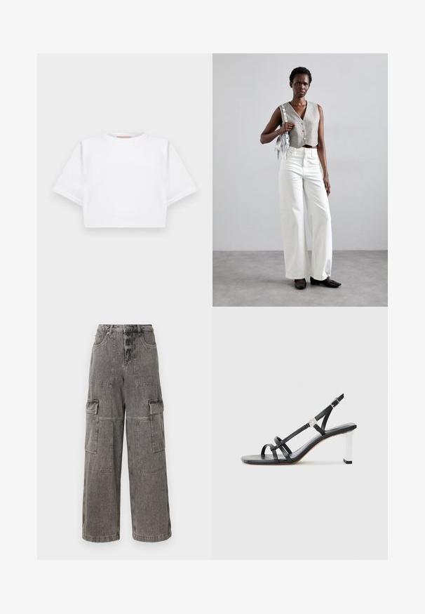 Trumpas baltas marškinėliai iš minkštos medžiagos, su trumpomis rankovėmis, apvaliu iškirpimu ir raukšlėtais hemų detalėmis. Paprastas ir be puošmenų dizainas.; Pilkos džinsinės kargo kelnės su platėjančiomis kojomis, keliomis priekinėmis kišenėmis, sustiprintomis siūlėmis ir aukštu juosmeniu.; Juodi suknelės sandalai su keliais siaurais dirželiais, slingback dizainas ir sidabro akcentu ant kulno. Lygus viršutinis medžiagos paviršius ir kvadratinis kulnas.; Pilkas trumpas liemeniukas su sagomis, derinamas su baltomis plačiomis kelnėmis ir juodais butais be kulno. Papuoštas mažąja sidabrine frakcionuotų rankinuke.