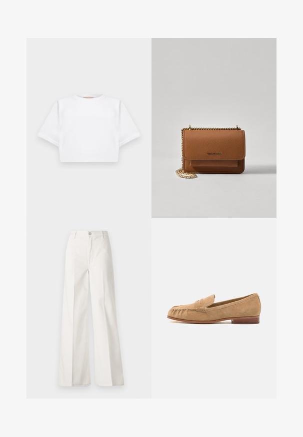 T-shirt blanc court en tissu doux, avec des manches courtes, un col rond et des détails en côtes sur l'ourlet. Design simple et sans embellissement.; Pantalons blancs à jambes larges en coton avec une texture douce. Comprend un bouton à l'avant, une fermeture éclair et un design à quatre poches.; Mocassins en daim beige clair avec un bout arrondi, une bride à l'avant et un petit talon en bois. Texture lisse et détails de couture minimalistes.; Sac en cuir texturé marron en bandoulière avec une sangle en chaîne dorée et une fermeture à rabat. L'avant présente un détail de logo et une poche sous le rabat.