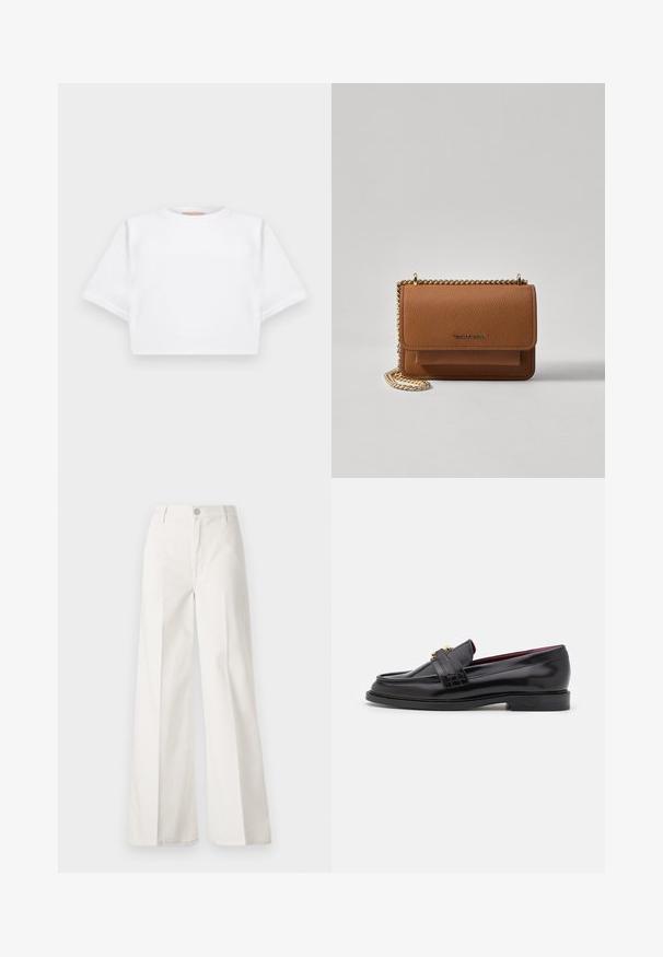 Trumpas baltas marškinėliai iš minkštos medžiagos, su trumpomis rankovėmis, apvaliu iškirpimu ir raukšlėtais hemų detalėmis. Paprastas ir be puošmenų dizainas.; Balti platūs baltos spalvos keliai, pagaminti iš medvilnės su lygiu paviršiumi. Yra priekinis mygtukas, užtrauktukas ir keturi kišenės.; Juodi odiniai loaferiai su siuvinėtu raštu, lygia tekstūra, auksiniu sagties detaliu ir apvalia nosimi, ant žemo juodo pado.; Ruda tekstūruota odinė per petį nešama rankinė su auksiniu grandininiu dirželiu ir užlenkiamo užsegimo. Priekinėje pusėje yra logotipo detalė ir kišenė po užlenkimu.