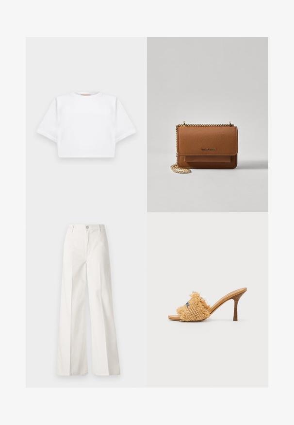 Camiseta blanca corta hecha de una tela suave, con mangas cortas, escote redondo y detalles de ribete en el dobladillo. Diseño simple y sin adornos.; Pantalones de pierna ancha blancos hechos de algodón con una textura suave. Cuenta con un botón delantero, cremallera y un diseño de cuatro bolsillos.; Sandal de tacón alto de paja trenzada en tono marrón, con detalles de flecos y acentos en azul, que presenta una puntera abierta redondeada y un tacón stiletto afilado.; Bolso crossbody de cuero texturizado marrón con correa de cadena dorada y cierre de solapa. La parte frontal presenta un detalle de logo y un bolsillo debajo de la solapa.