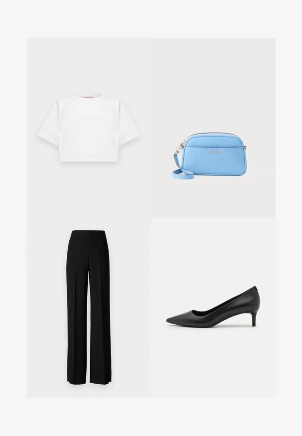 Izgriezta balta T-krekla no mīksta auduma, ar īsām piedurknēm, apaļu apkakli un ribota apakšmala. Vienkāršs un neizpušķots dizains.; Melni platleği bikses ar gludu tekstūru, ar augstu jostasvietu un centrālajām krokām. Nav redzamu rakstu vai aparatūras detaļu.; Melna ādas kurpe ar norādītu purngali un zemu papēdi. Gluda tekstūra, elegants dizains un smalkas detaļas pie papēža.; Gaiši zila ādas plecu soma ar zeltītām detaļām, ar rāvējslēdzēju un priekšējo kabatu. Iespējams regulēt siksnu, lai nodrošinātu ērtību.