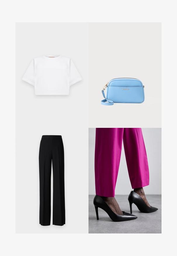 Gemiddelde witte T-shirt gemaakt van zachte stof, met korte mouwen, een ronde halslijn en geribbelde zoomdetails. Eenvoudig en ongecompliceerd ontwerp.; Zwarte wijde broek met een gladde textuur, voorzien van een hoge tailleband en middelste plooien. Geen zichtbare patronen of hardware-details.; Zwarte hoge hakken met een puntige neus en een gladde leren textuur. Gecombineerd met felroze, op maat gemaakte broeken.; Lichtblauwe leren crossbody tas met goudkleurige hardware, ritsluiting en een voorvak. Voorzien van een verstelbare schouderband voor gemak.