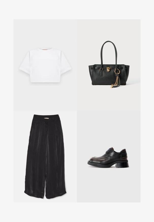 T-shirt bianca cropped realizzata in tessuto morbido, con maniche corte, scollo rotondo e dettagli a costine sull'orlo. Design semplice e senza fronzoli.; Pantaloni neri a gamba larga realizzati in morbido tessuto satinato, con vita alta, pieghe frontali e lunghezza cropped con spacco laterale.; Scarpa nera in pelle con punta rotonda, suola spessa in gomma e tacco basso a blocco. Presenta lacci blu e sottili accenti marroni sulla parte superiore.; Borsa a mano in pelle nera con doppi manici, lucchetto dorato e dettaglio a catena, accessorio con nappina in bianco e nero su sfondo bianco.