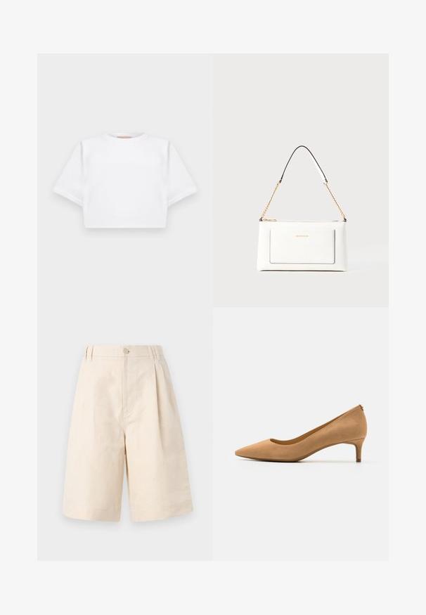 T-shirt bianca cropped realizzata in tessuto morbido, con maniche corte, scollo rotondo e dettagli a costine sull'orlo. Design semplice e senza fronzoli.; Pantaloni shorts in lino beige con una vestibilità rilassata, dotati di chiusura con bottone, design plissettato e taglio lungo fino al ginocchio. Tessuto morbido e stile semplice.; Scarpa con tacco alto a punta in suede color cammello, con tacco basso e superficie liscia. Silhouette classica con un leggero dettaglio sul retro.; Borsa a tracolla bianca in pelle con un finish testurizzato, dotata di una tracolla in catena dorata e accenti neri. Include una tasca frontale e una chiusura con zip.