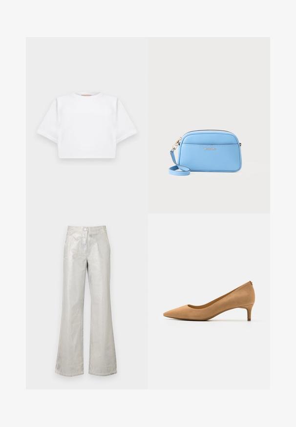 KFrakelse hvid t-shirt lavet af blødt stof, med korte ærmer, rund halsudskæring og ribbede nederste detaljer. Enkel og udekoreret design.; Sølvfarvede flare bukser lavet af et skinnende materiale, med lukning foran med knap, to lommer og synlige syninger.; Spidse højhælede sko i tan ruskind, med en lav hæl og glat tekstur. Klassisk silhuet med en let detalje på bagkappen.; Lyseblå læder crossbody-taske med hardware i guld tone, lynlås lukning og en frontlomme. Har en justerbar rem for bekvemmelighed.