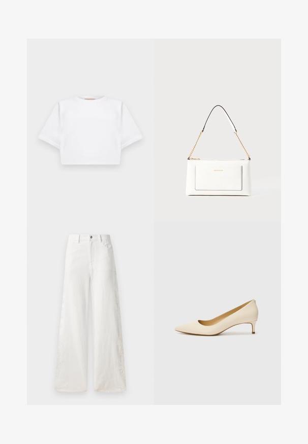 Skraćena bijela majica od mekog materijala, s kratkim rukavima, okruglim izrezom i rebrastim detaljima na rubu. Jednostavan i neukrašen dizajn.; Bijele traperice širokih nogavica s bočnim vezom i tradicionalnim dizajnom s pet džepova. Zatvaranje na zip s gumbom.; Bež cipele s špicastim nosom izrađene od glatkog sintetičkog materijala, s niskom petom i dizajnom za lako obuvanje, s diskretnim detaljem na stražnjem dijelu.; Bijela kožna torba s teksturiranim završetkom, koja ima zlatni lančić i crne akcentne detalje. Uključuje prednji džep i zatvaranje na patentni zatvarač.