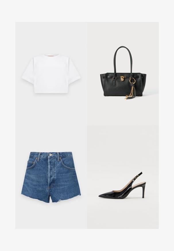 T-shirt branca corta, feita de tecido macio, apresentando mangas curtas, um decote redondo e detalhes de bainha canelada. Design simples e despretensioso.; Calças de ganga curtas em azul médio com um acabamento desfiado, apresentando bolsos frontais e fecho com botão. Textura pesada com ligeira descoloração.; Sandal com salto em verniz preto, bico fino, salto esguio e um design de recorte subtil. Apresenta uma fivela dourada na alça.; Bolsa de pele preta com alças duplas, fecho dourado e detalhe em corrente, além de um acessório de tassel preto e branco, contra um fundo branco.