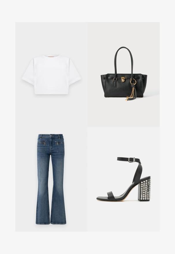 Cropped white t-shirt made of soft fabric, featuring short sleeves, a round neckline, and ribbed hem details. Simple and unembellished design.; Flared blue denim jeans with a mid-rise waist, featuring front and back pockets and a subtle faded wash.; Black leather heeled sandals with an ankle strap. Features a square toe, smooth texture, and square block heel adorned with silver studs.; Black leather handbag with double handles, gold lock and chain detail, and black-and-white tassel accessory against white background.