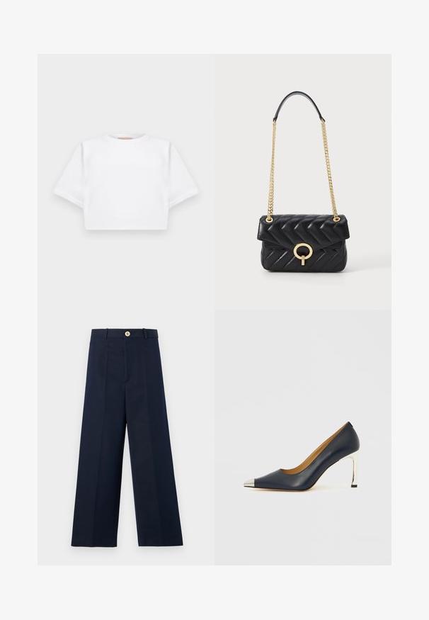Kuttet hvit t-skjorte laget av mykt stoff, med korte ermer, rund hals og ribbestrikket detaljer nederst. Enkel og upradert design.; Marineblå bukser med vid benvidde og straight-cut design, lett stoff, en gullknapp i midjen, og skarpe frontfolder for struktur.; Marineblå høyhælte skinnsko med spiss tå, som har en sølvfarget metallhatt og en blank sølvfarget stiletthæl.; Svart quilted skinnveske med en gullkjede-rem, har en rund gullspenne og klaff-lukking. Kompakt rektangulær form.