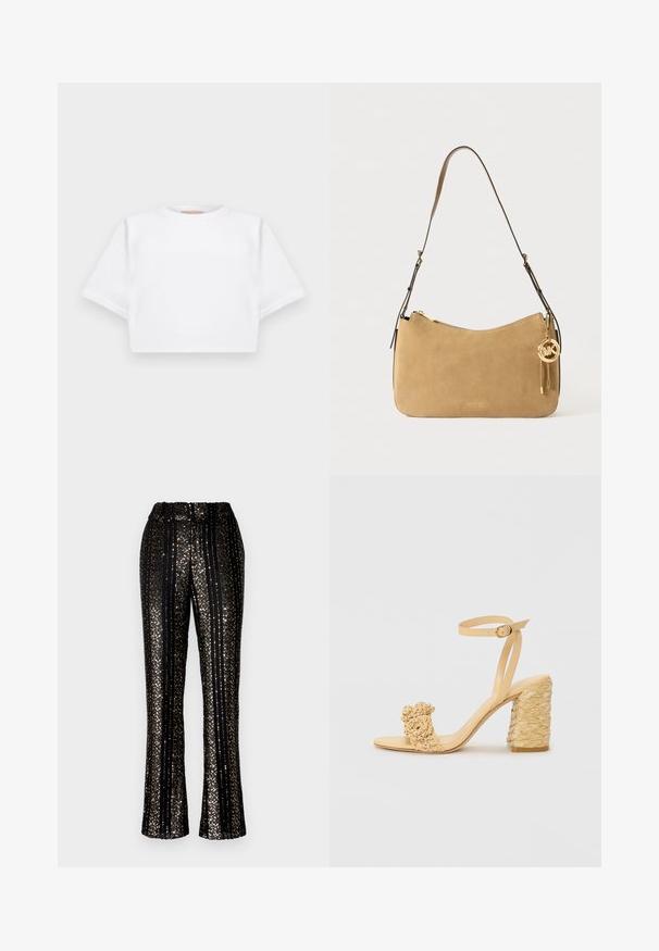 Skraćena bijela majica od mekog materijala, s kratkim rukavima, okruglim izrezom i rebrastim detaljima na rubu. Jednostavan i neukrašen dizajn.; Crne hlače od šljokica s vertikalnim prugama, elastičnim pojasom i širom donjim dijelom, s sjajnim naglascima kroz cijelu površinu.; Bež sandala s visokom potpeticom, s pletenom teksturom, ukrašena cvijetom i remenom oko gležnja. Kvadratna potpetica dodaje stabilnost.; Tamnasta kožna torba s ravnim oblikom, zlatnim detaljima i zatvaranjem na patentni zatvarač. Ima privjesak s inicijalima "MK."