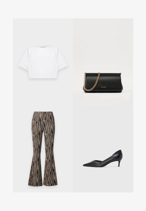 Cropped white t-shirt made of soft fabric, featuring short sleeves, a round neckline, and ribbed hem details. Simple and unembellished design.; Diane von Furstenberg BURANO PANTS - Trousers - black; Black leather pump with a pointed toe and low heel. Features a smooth texture and subtle sheen. Open cut at the front for added detail.; Black leather clutch bag with a gold chain strap, featuring a smooth texture, rectangular shape, and embossed branding on the front.