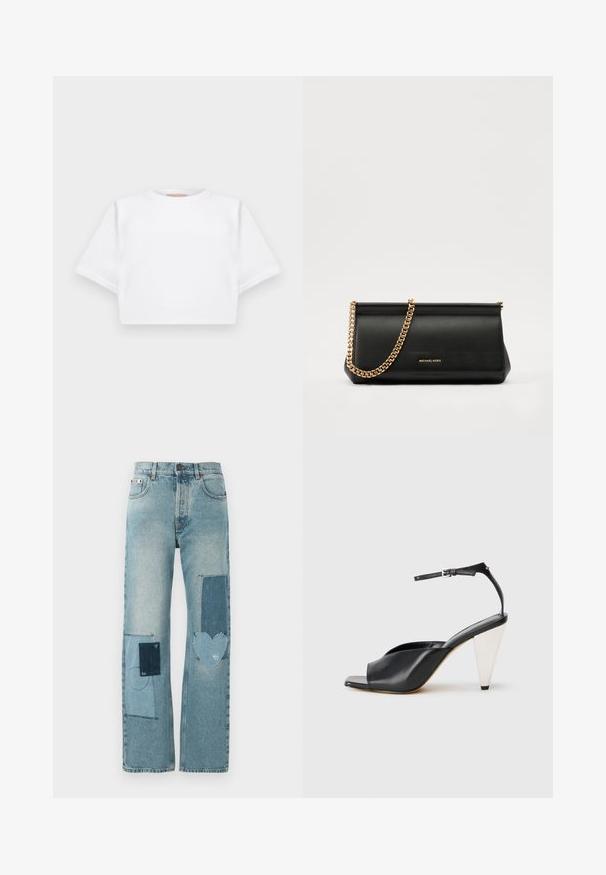 Cropped white t-shirt made of soft fabric, featuring short sleeves, a round neckline, and ribbed hem details. Simple and unembellished design.; Light wash denim jeans with a straight-leg design. Features multiple contrasting patches, including a heart shape and systematic stitching details.; Black leather high heel sandal with open toe, asymmetrical design, ankle strap, and a metallic cone-shaped heel. Smooth texture throughout.; Black leather clutch bag with a gold chain strap, featuring a smooth texture, rectangular shape, and embossed branding on the front.