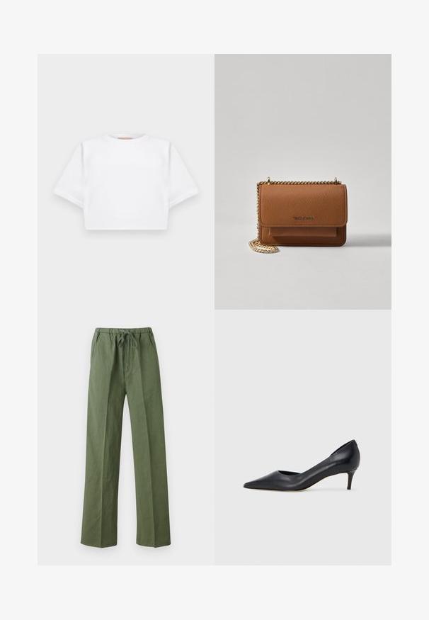 T-shirt branca corta, feita de tecido macio, apresentando mangas curtas, um decote redondo e detalhes de bainha canelada. Design simples e despretensioso.; Calças verdes, largas e confortáveis, feitas de um material leve, com uma cintura elástica com cordão e bolsos laterais.; Sapato de salto alto preto em pele com bico fino e salto baixo. Apresenta uma textura suave e brilho subtil. Corte aberto na parte da frente para um detalhe adicional.; Bolsa crossbody de couro texturizado castanho com alça de corrente dourada e fecho com aba. A parte da frente apresenta detalhe do logótipo e um bolso sob a aba.