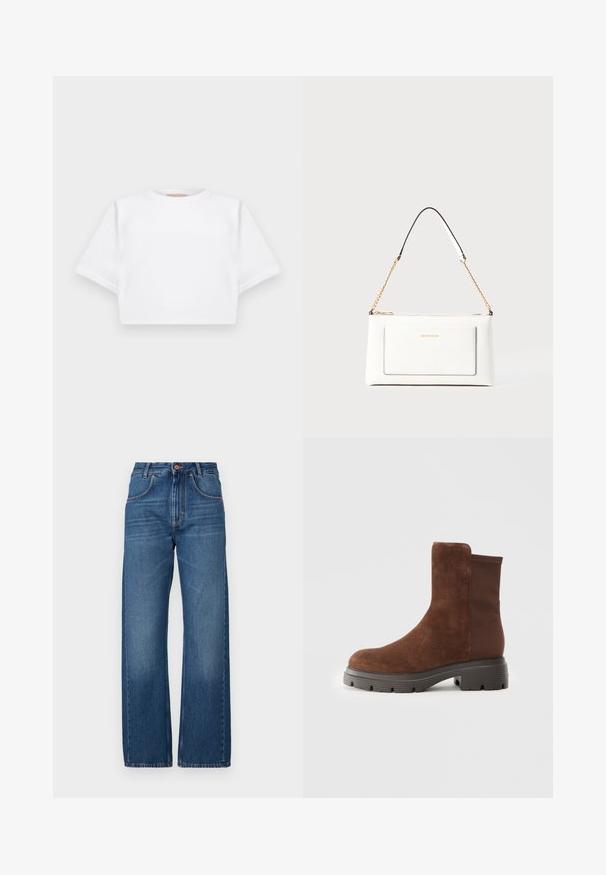 Cropped white t-shirt made of soft fabric, featuring short sleeves, a round neckline, and ribbed hem details. Simple and unembellished design.; High-waisted, wide-leg jeans in dark blue denim. Features visible stitching, two front pockets, and a single button closure at the waist.; Brown suede ankle boot with elastic side panels, rounded toe, and a thick rubber sole featuring a textured tread pattern.; White leather handbag with a textured finish, featuring a gold chain strap and black accents. Includes a front pocket and zipper closure.