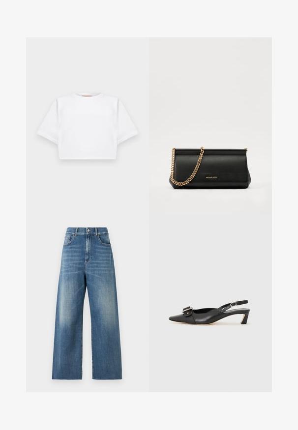 Skraćena bijela majica od mekog materijala, s kratkim rukavima, okruglim izrezom i rebrastim detaljima na rubu. Jednostavan i neukrašen dizajn.; Visoke, široke traperice od plave denima s izblijedjelim finišom. Značajke uključuju prednje džepove i zatvaranje na jedan gumb.; Crne kožne sandale s remenčićem i šiljastim vrhom, malim potpeticama i dekorativnom kopčom na gornjem dijelu. Glatka tekstura, minimalistički dizajn.; Crna kožna torbica sa zlatnim lančićem, koja se odlikuje glatkom teksturom, pravokutnim oblikom i utisnutim brendom na prednjoj strani.