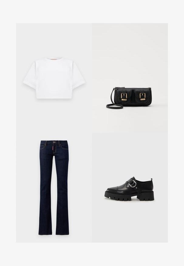 Kratka bela majica iz mehkega materiala, s kratkimi rokavi, okroglega izreza in rebrastimi robovi. Preprost in neokrašen dizajn.; Temno modri flare kavbojki z običajno zasnovo petih žepov, vidnimi šivi in gumbom za zapiranje v pasu.; Črne usnjene čevlje z debelim, rebrastim podplatom, ki imajo okroglo srebrno kovinsko dodatno opremo in minimalne šive.; Črna usnjena torbica čez ramo z dvema sprednjima žepoma, zlatimi zaponkami, zadrgo in ozkim pasom. Tekstura površine je strukturirana, obliko pa ima kompaktno pravokotno.