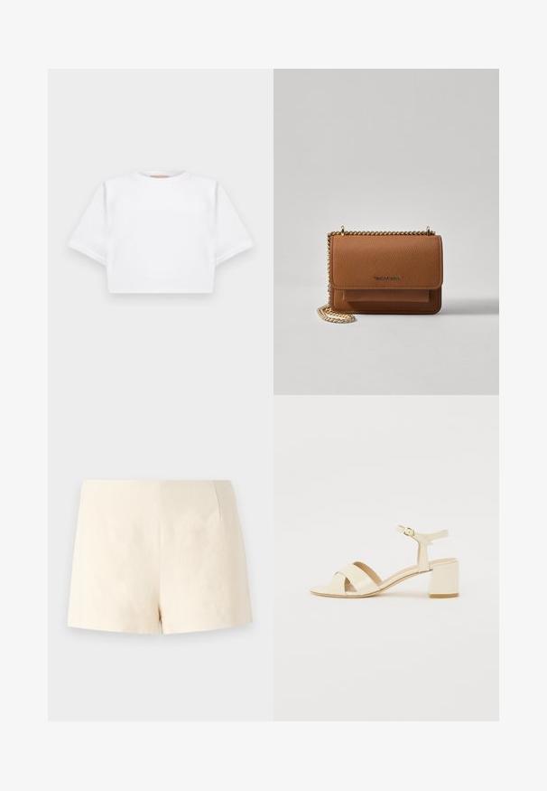 Klippt vit t-shirt tillverkad av mjukt tyg, med korta ärmar, rund halsringning och ribbade kantdetaljer. Enkel och utan prål design.; Beige skräddarsydda shorts tillverkade av lättviktig tyg, med en slät yta, rena linjer och utan synliga knäppningar eller fickor.; Beiga lackläderklacksandaler med korsad remdesign, öppen tå, justerbar ankelrem och blockklack. Slät yta.; Brun texturerad läder crossbody-väska med guldkedja och klaffstängning. Framsidan har logotypdetalj och en ficka under klaffen.