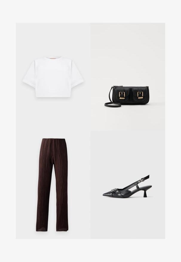 Beschnittenes weißes T-Shirt aus weichem Stoff, mit kurzen Ärmeln, rundem Halsausschnitt und gerippten Saumdetails. Einfaches und schnörkelloses Design.; Braune weite Hosen mit plissierter Textur, hoch tailliertem Bund und fließendem Design. Hergestellt aus leichtem Stoff. Keine sichtbaren Verschlüsse.; Schwarzer Leder-Slingback-Schuh mit spitz zulaufender Zehenpartie, dekorativen Riemen mit METALLÖSEN und niedrigem Blockabsatz. Strukturelle Oberfläche.; Schwarze Leder-Umhängetasche mit zwei vorderen Taschen, goldenen Schnallen, Reißverschluss und einem schmalen Tragegurt. Texturierte Oberfläche und kompakte rechteckige Form.