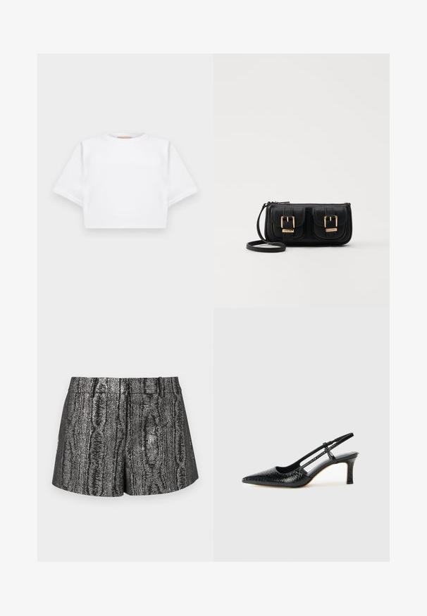 Kuttet hvit t-skjorte laget av mykt stoff, med korte ermer, rund hals og ribbestrikket detaljer nederst. Enkel og upradert design.; Sorte og sølvshorts med en teksturert, metallisk finish og et subtilt tregrautmønster, rett snitt og standard midje.; Sorte patent slingback hæl med spids tå, featuring tekstureret slangeskind, justerbar rem og en kort, tekstureret blokhæl.; Svart skinn crossbody veske med to frontlommer, gyldne spenner, glidelåslukking og en slank stropp. Teksturert overflate og kompakt rektangulær form.