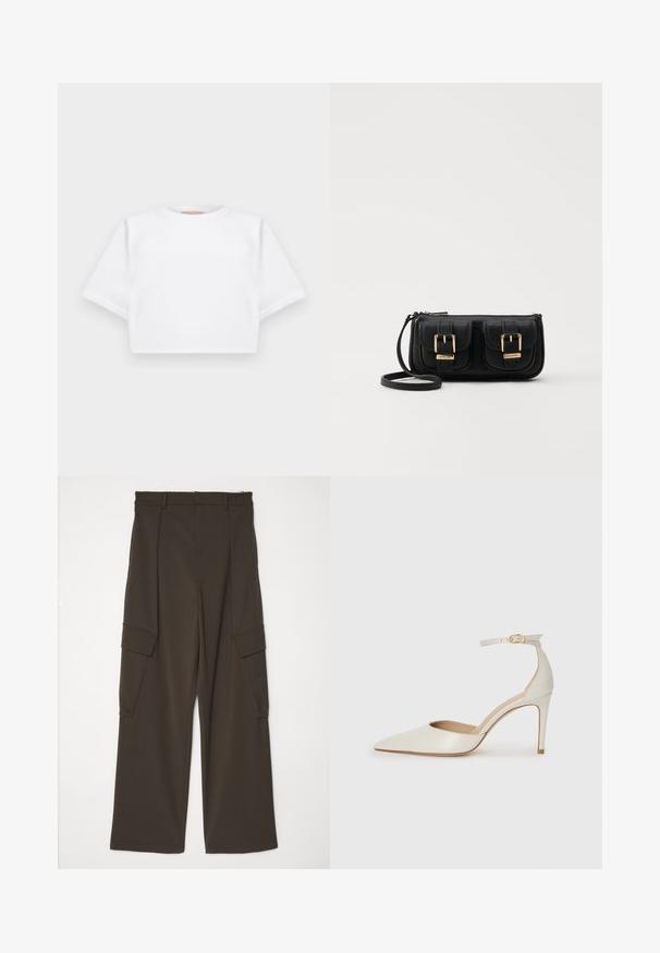 Trumpas baltas marškinėliai iš minkštos medžiagos, su trumpomis rankovėmis, apvaliu iškirpimu ir raukšlėtais hemų detalėmis. Paprastas ir be puošmenų dizainas.; Rudos plačiadrugiai kargo džinsai, pagaminti iš tekstūruotos medžiagos, su dviem šoniniais kišenėmis su atvartais ir tiesiu kirpimu nuo liemens iki apvado.; Balti odiniai aukštakulniai batai su smailiu priekiniu galu, kulkšnies dirželiu ir siauru stiletu. Lygi tekstūra su subtiliu blizgiu paviršiumi.; Juodas odinis per petį nešiojamas krepšys su dviem priekiniais kišenėmis, auksiniais sagtimis, užtrauktuko uždarymu ir siauromis petnešomis. Textūruota paviršius ir kompaktiškas stačiakampis formatas.