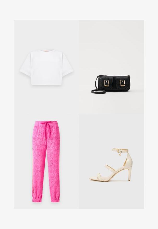 Trumpas baltas marškinėliai iš minkštos medžiagos, su trumpomis rankovėmis, apvaliu iškirpimu ir raukšlėtais hemų detalėmis. Paprastas ir be puošmenų dizainas.; Rožinės sportinės kelnės su viso paviršiaus iškilnia "VERSACE" logotipo raštu, elastine juosta su raišteliu ir elastinėmis apačiomis.; Šviesiai rudos aukštakulnės sagaus su plona kulkšnies juostele ir dviem viršutinėm juostelėm. Blizgus lakinės odos apdailos ir auksinė detalių apdaila ant kulkšnies juostelės.; Juodas odinis per petį nešiojamas krepšys su dviem priekiniais kišenėmis, auksiniais sagtimis, užtrauktuko uždarymu ir siauromis petnešomis. Textūruota paviršius ir kompaktiškas stačiakampis formatas.