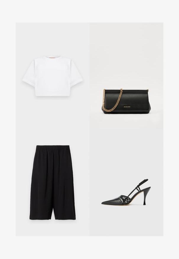 T-shirt bianca cropped realizzata in tessuto morbido, con maniche corte, scollo rotondo e dettagli a costine sull'orlo. Design semplice e senza fronzoli.; Filippa K CASUAL - Shorts - black; Scarpa nera in pelle con tacco alto, design slingback e punta affusolata, con una fascia incrociata e un tacco sottile a stiletto. Texture liscia e accenti minimi.; Clutch bag in pelle nera con tracolla in catena dorata, caratterizzato da una superficie liscia, forma rettangolare e branding in rilievo sul davanti.