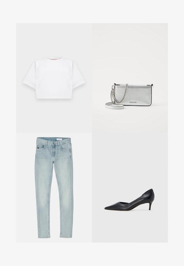 T-shirt branca corta, feita de tecido macio, apresentando mangas curtas, um decote redondo e detalhes de bainha canelada. Design simples e despretensioso.; Jeans skinny azul claro feitos de denim, com fecho de botão, cinco bolsos e desbotamento subtil nas coxas e joelhos.; Sapato de salto alto preto em pele com bico fino e salto baixo. Apresenta uma textura suave e brilho subtil. Corte aberto na parte da frente para um detalhe adicional.; Bolsa crossbody de couro prateada com um acabamento texturizado, detalhes em corrente e alça, e fecho de zíper. Apresenta um logotipo na parte da frente.